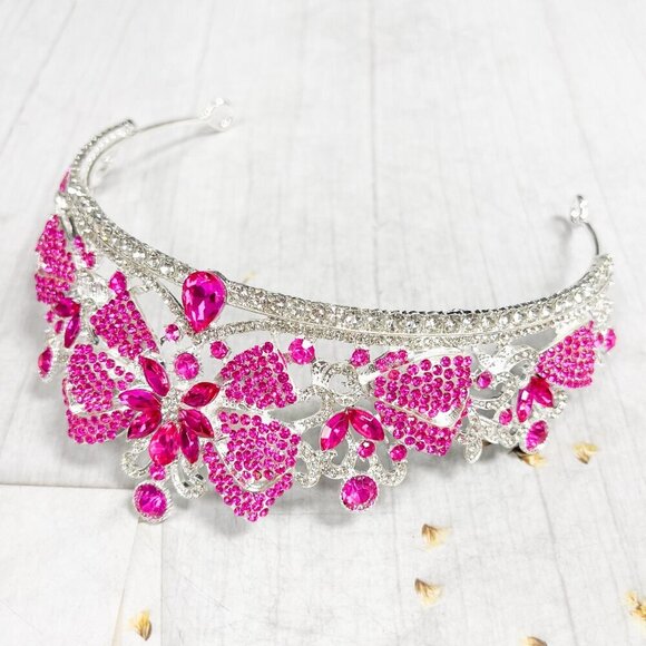 Gold Crystal Crown, Princess Tiara, Hot Pink Gemstone Crown, Quinceanera Crown - Picture 8 of 10